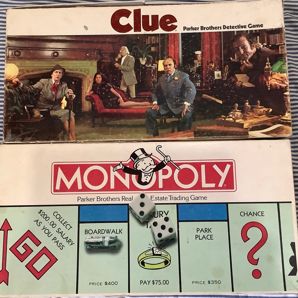 2 Vintage Games 1985 Monopoly Boardwalk Game —- 1972 CLUE Preowned Sold AS IS
